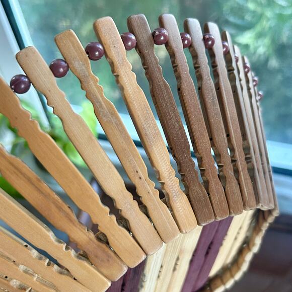 Vintage Wooden Bamboo Fruit Bowl Two-Tone Basket 10" - Picture 6 of 7